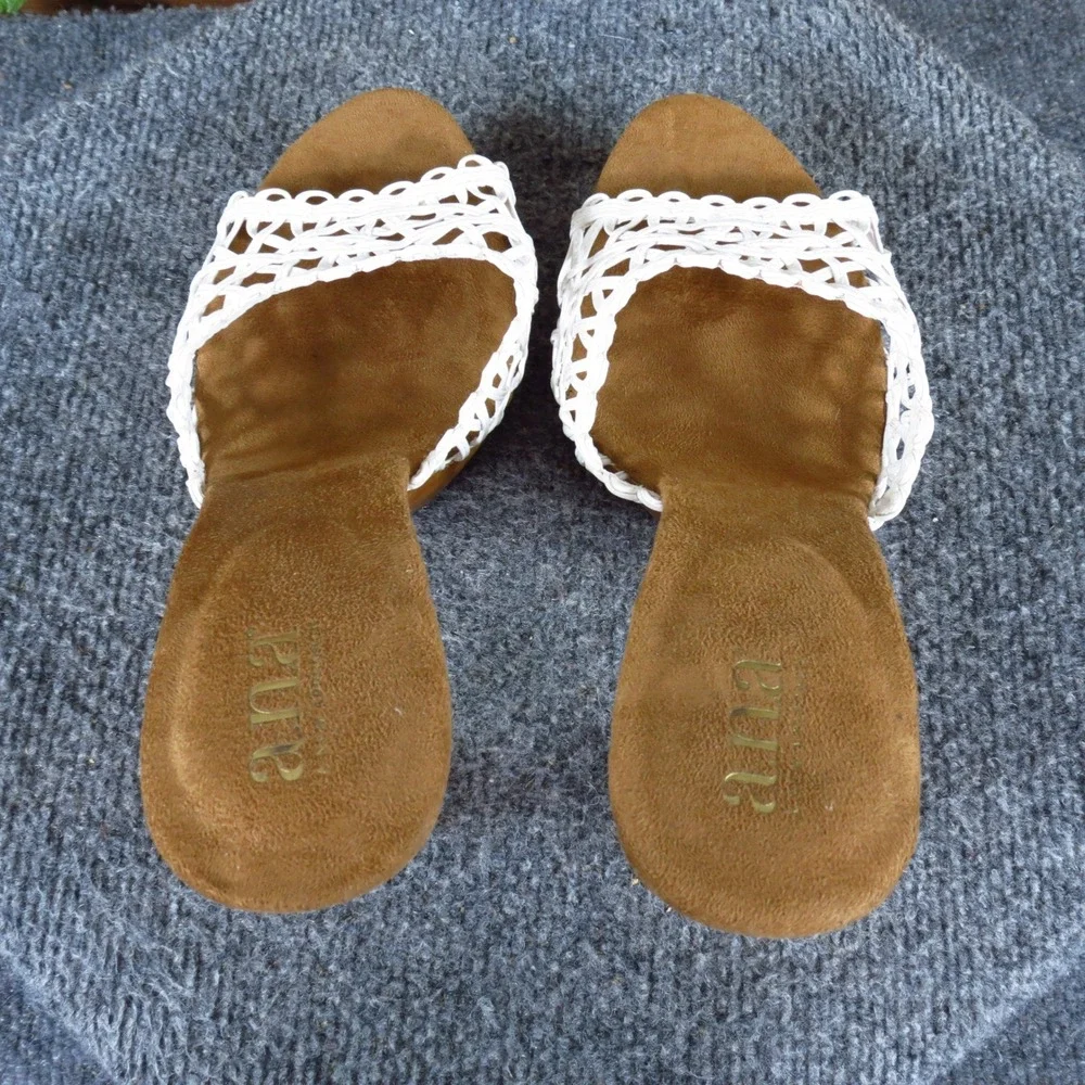 a.n.a. 023-5462 Women Woven Slide Sandals Size 10M Dressy White Faux Wood Heel